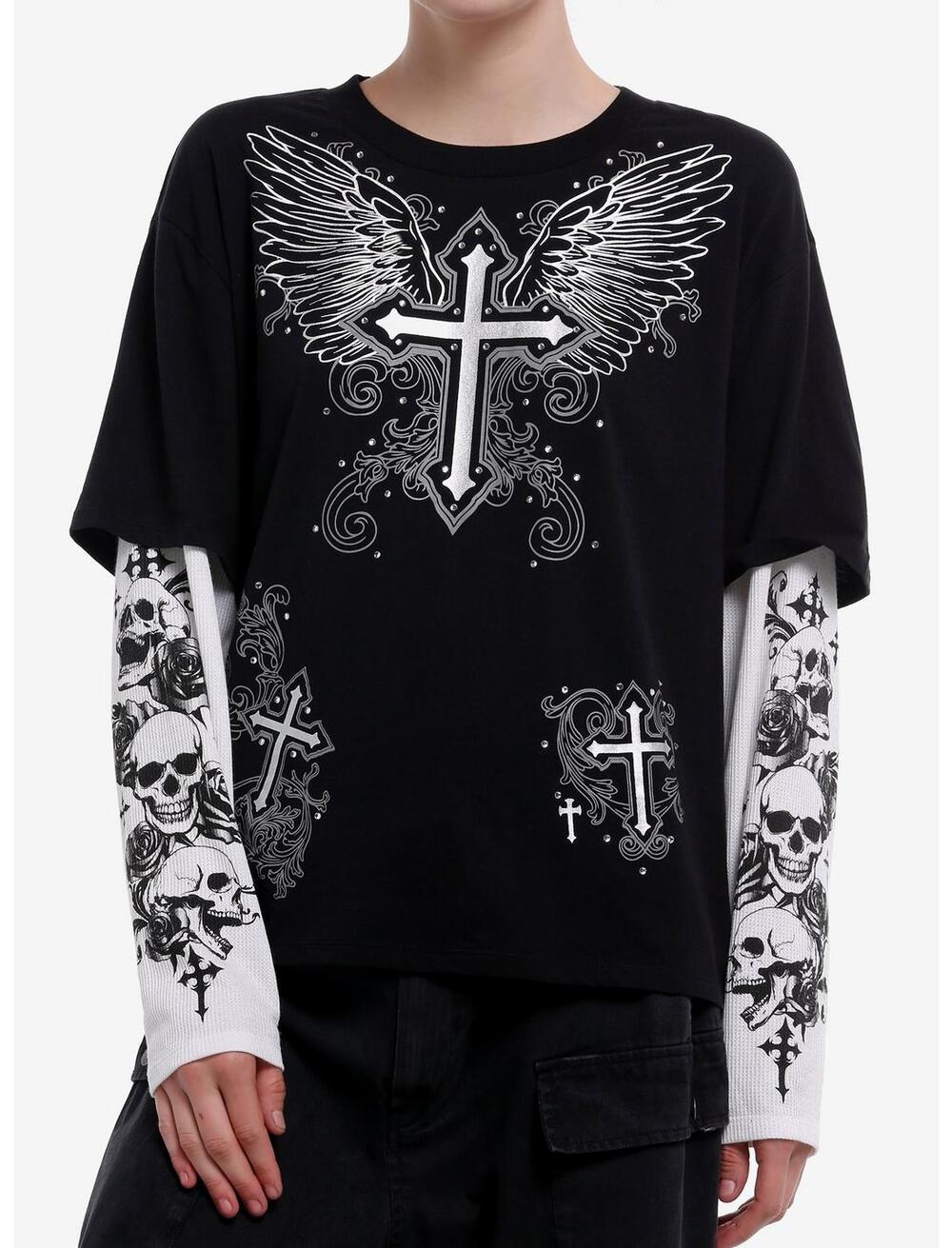 NWT Hot Topic Black & White Winged Cross Skulls Girls Long-Sleeve T-Shirt sz L